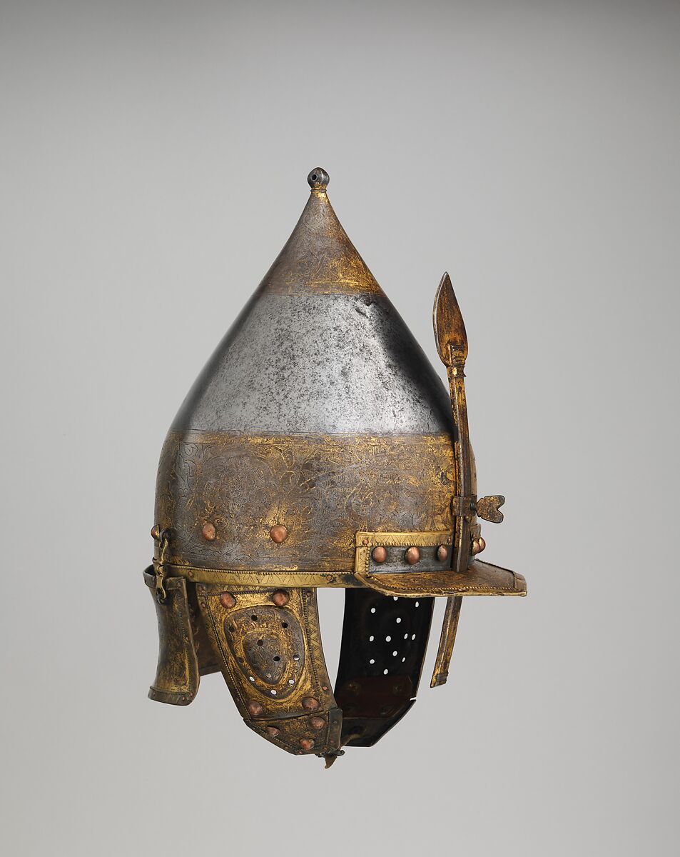 Helmet, Steel, iron, gold, copper alloy, possibly Turkish, Istanbul, in the style of Turkman armor 