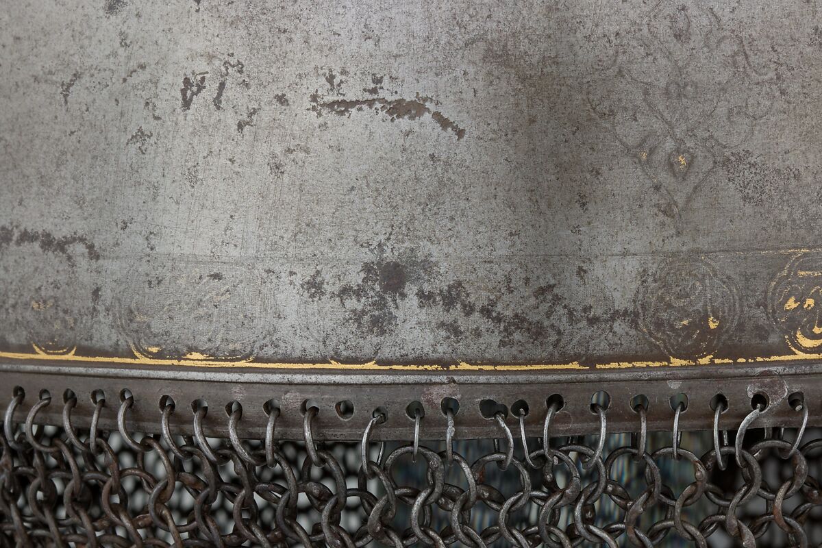 Helmet, Steel, iron, gold, Indian, Deccan, possibly Golconda