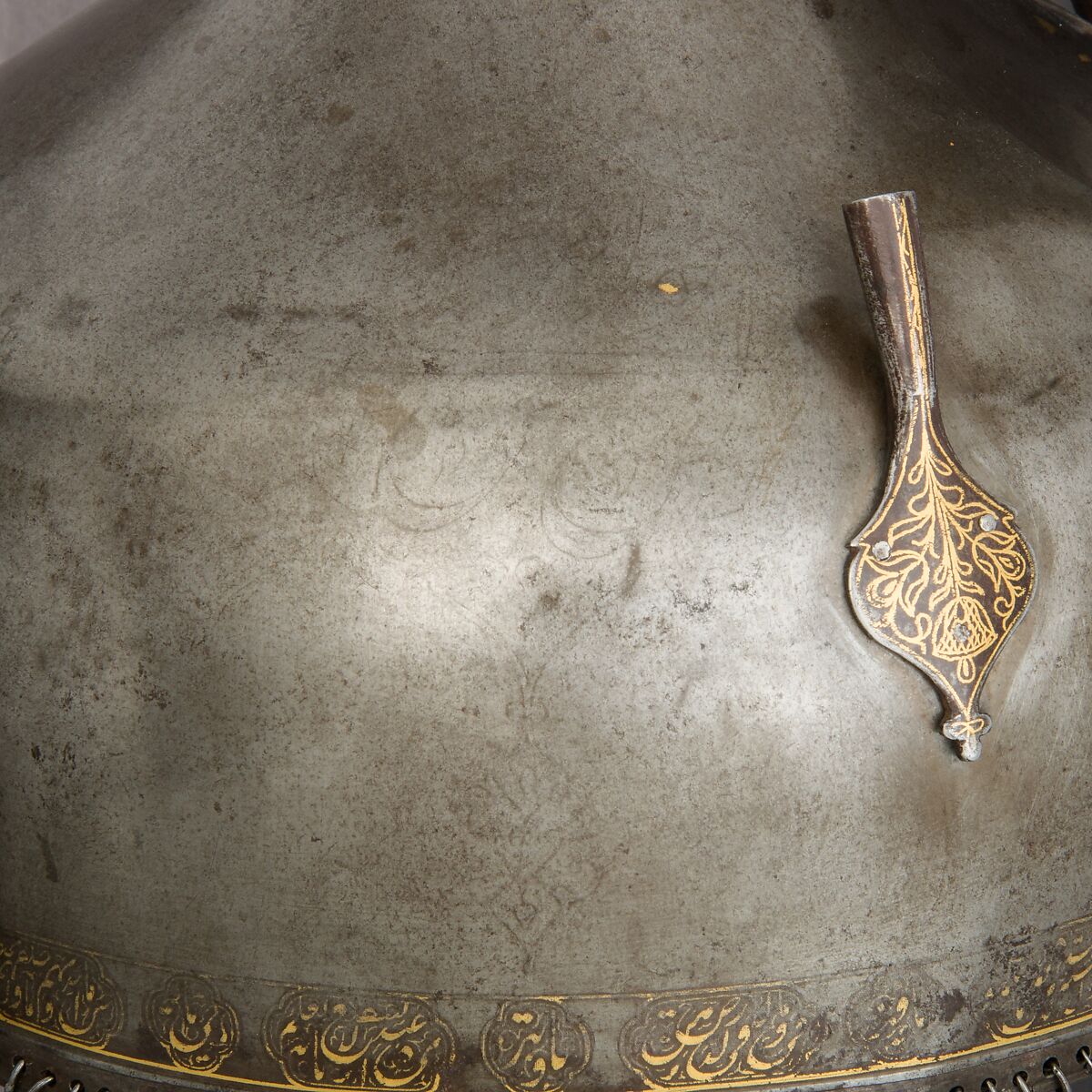 Helmet, Steel, iron, gold, Indian, Deccan, possibly Golconda
