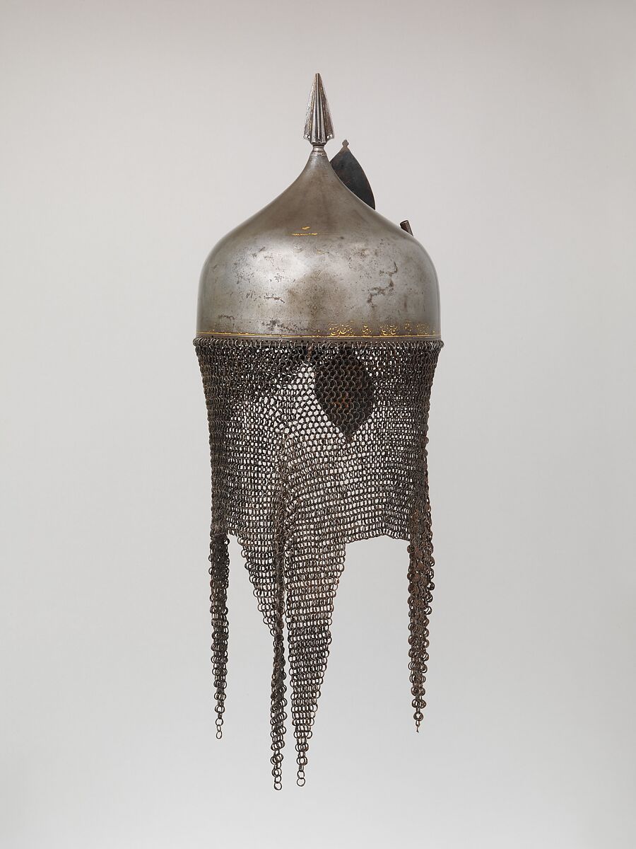 Helmet, Steel, iron, gold, Indian, Deccan, possibly Golconda