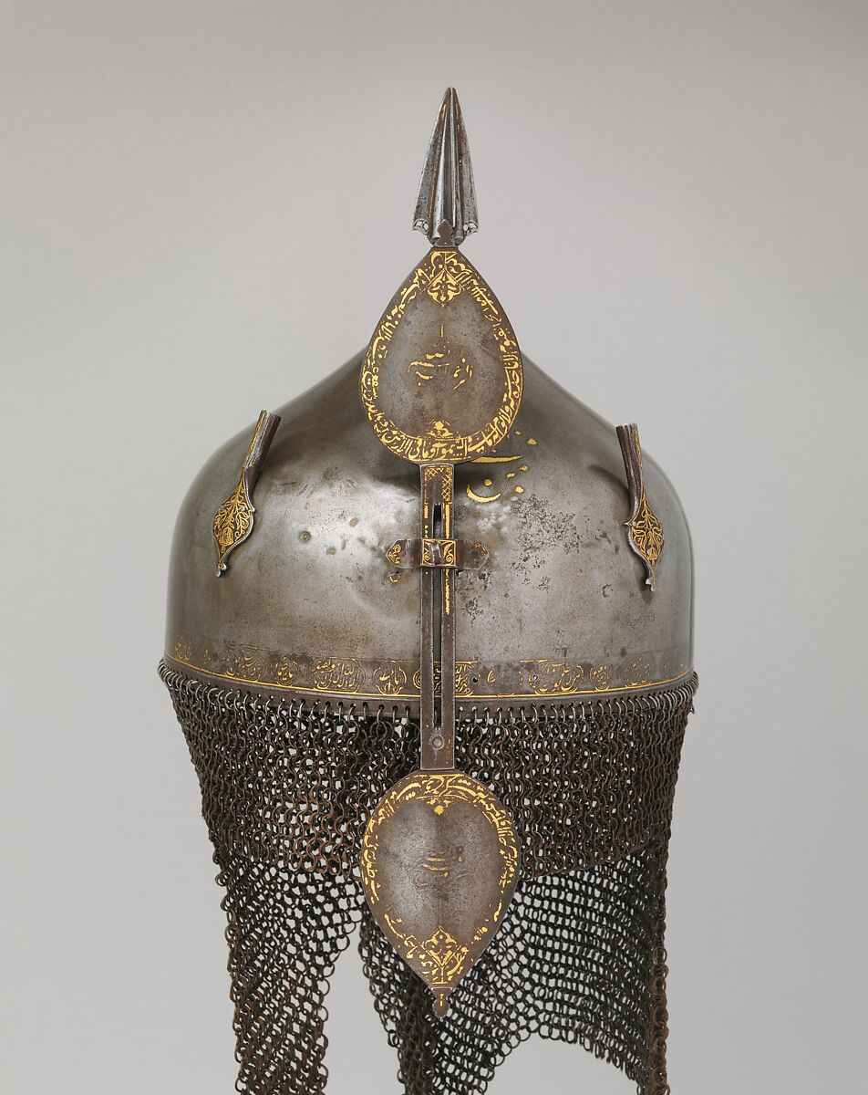 Helmet, Steel, iron, gold, Indian, Deccan, possibly Golconda