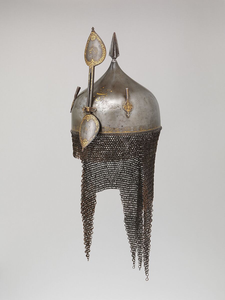 Helmet, Steel, iron, gold, Indian, Deccan, possibly Golconda