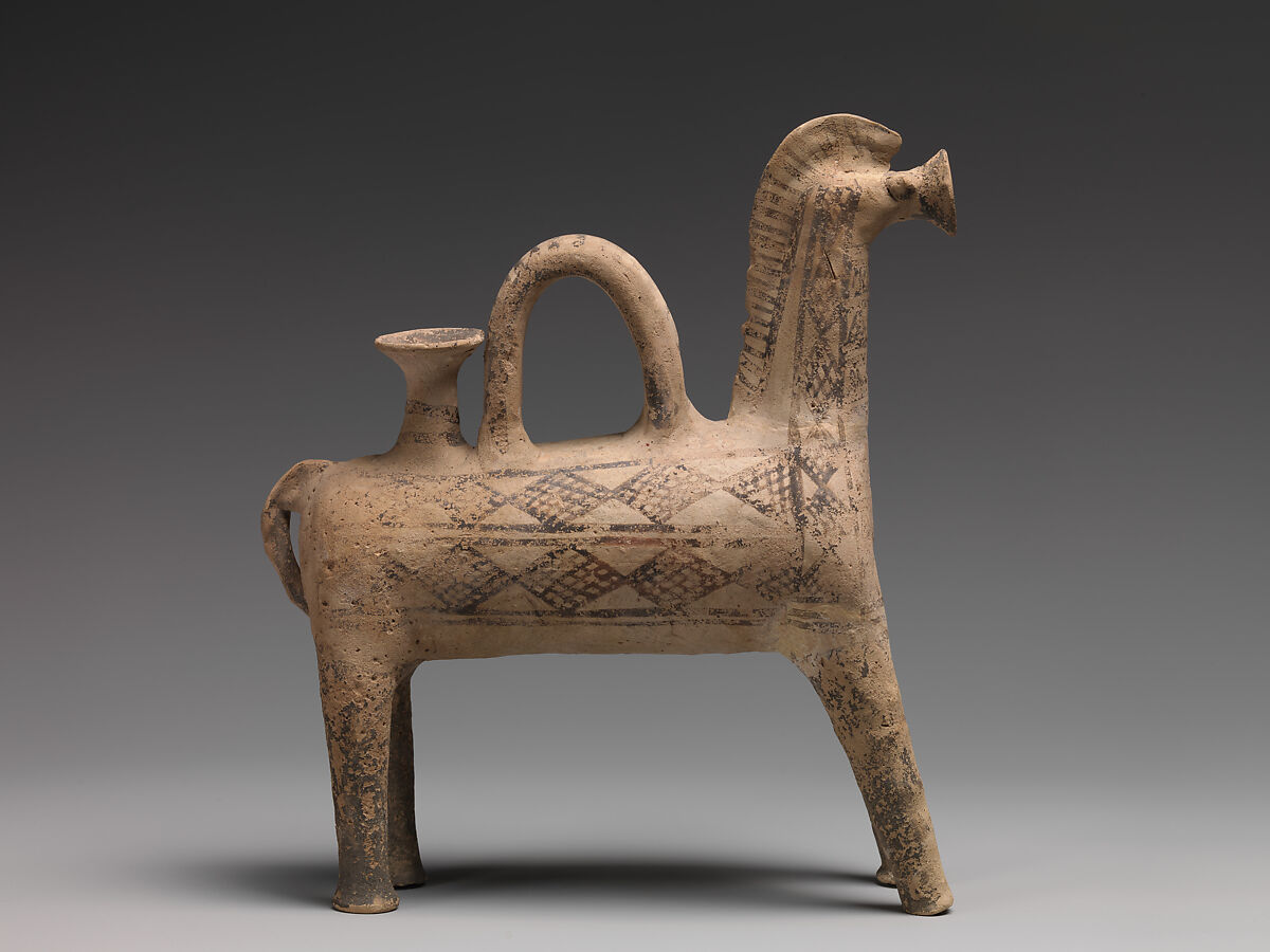 Terracotta rhyton (libation vessel) in the form of a horse, Terracotta, Cypriot 