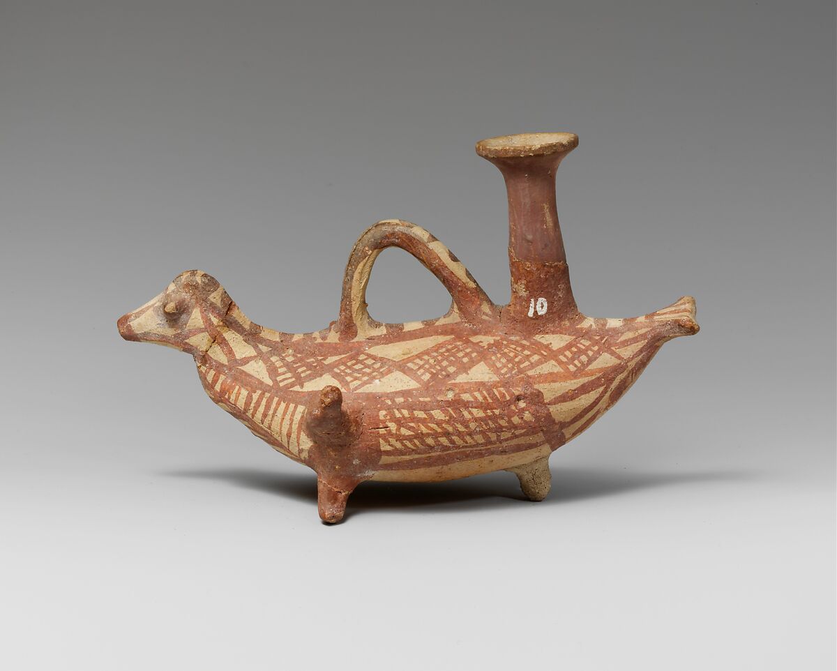 Terracotta askos (flask with a spout and handle over the top) in the form of a bird, Terracotta, Cypriot 