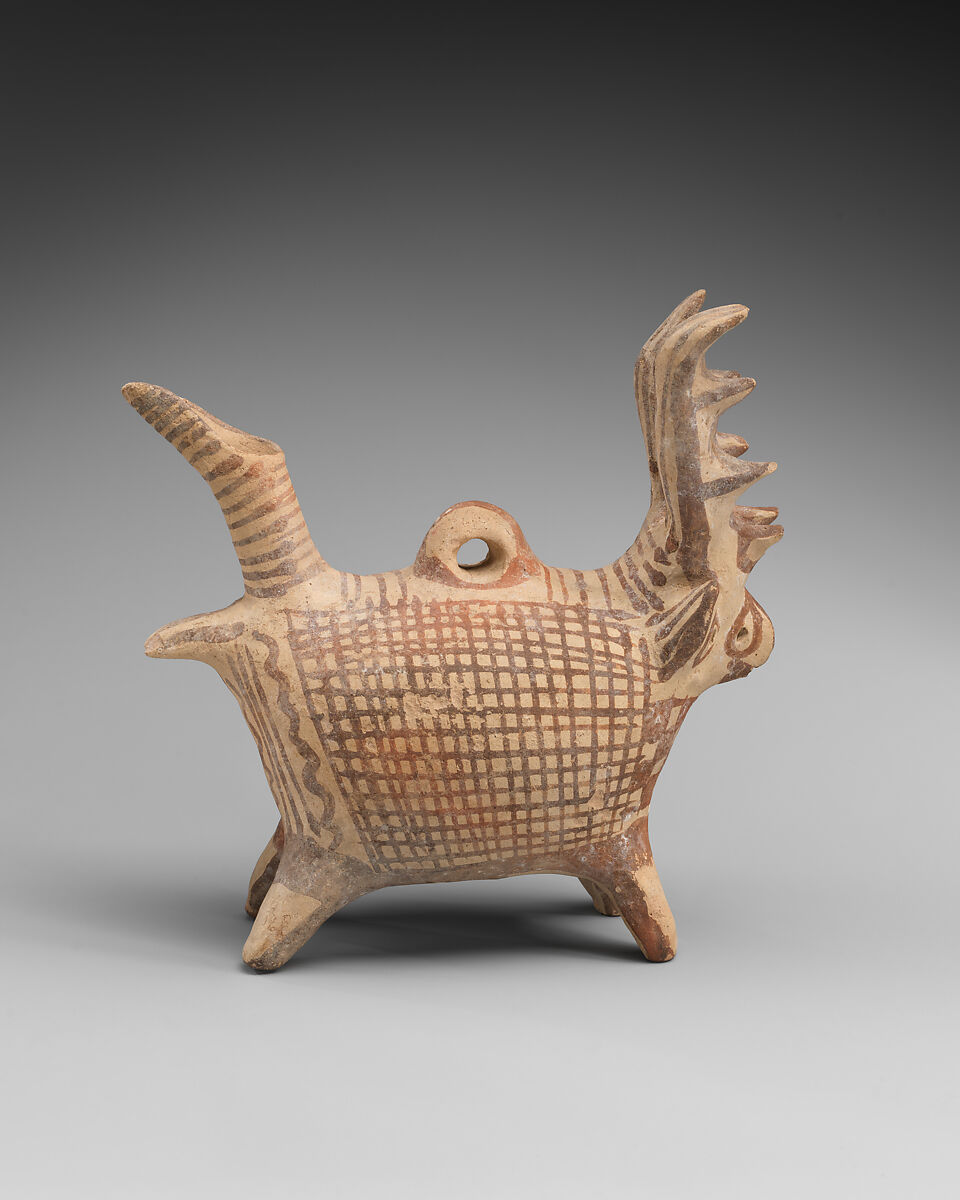 Terracotta zoomorphic askos (vessel) with antlers, Terracotta, Cypriot