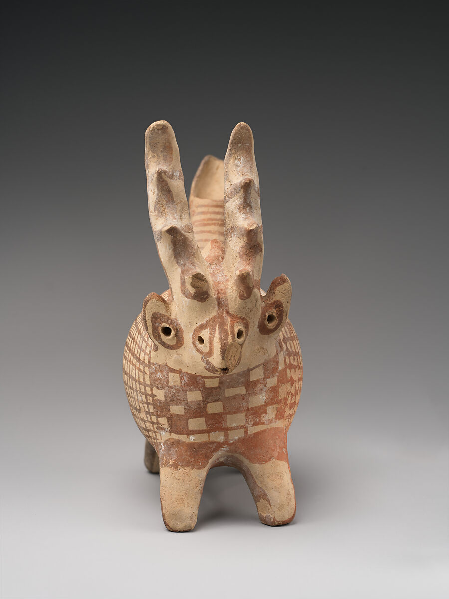 Terracotta zoomorphic askos (vessel) with antlers, Terracotta, Cypriot