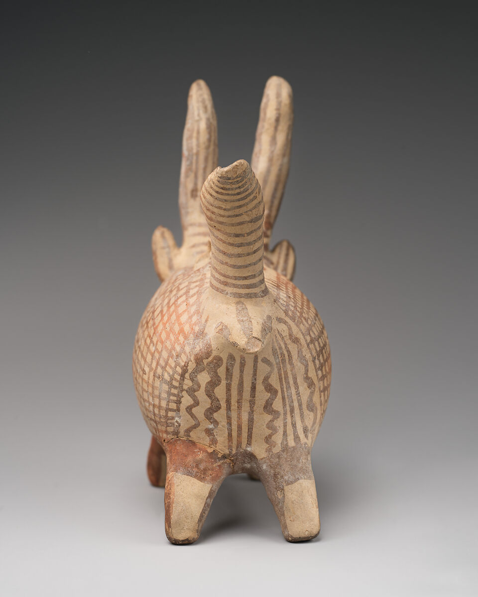 Terracotta zoomorphic askos (vessel) with antlers, Terracotta, Cypriot