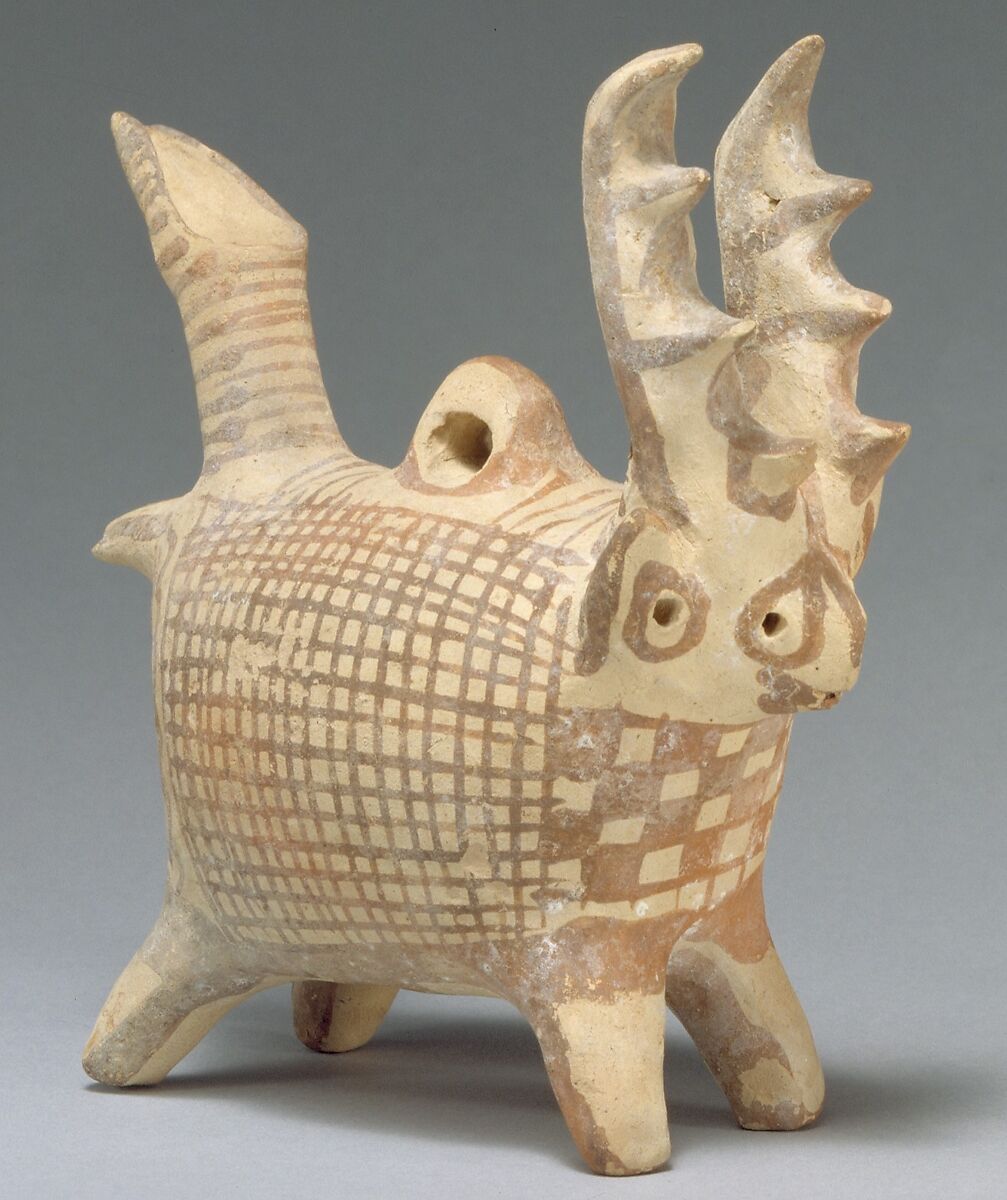 Terracotta zoomorphic askos (vessel) with antlers, Terracotta, Cypriot 
