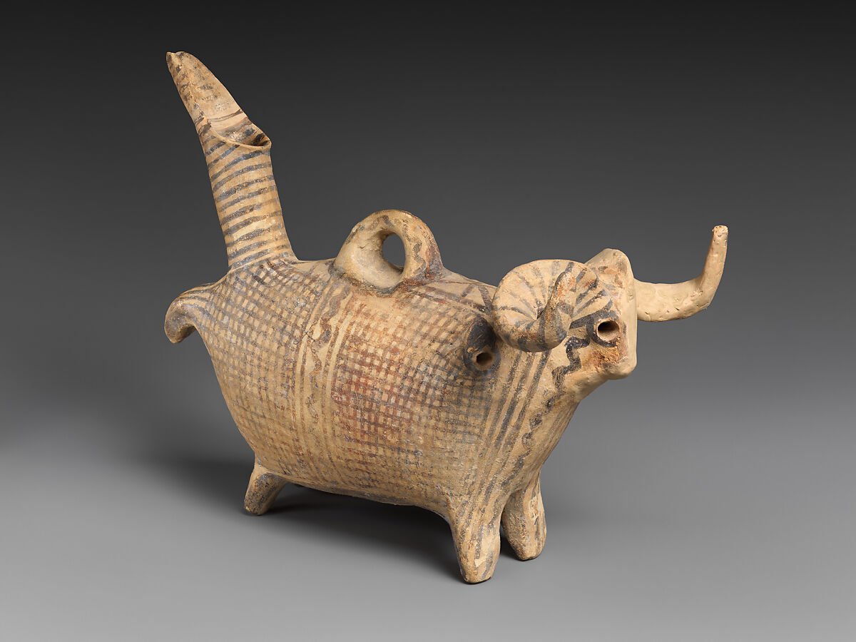 Terracotta zoomorphic askos (vessel) with a ram's head, Terracotta, Cypriot 