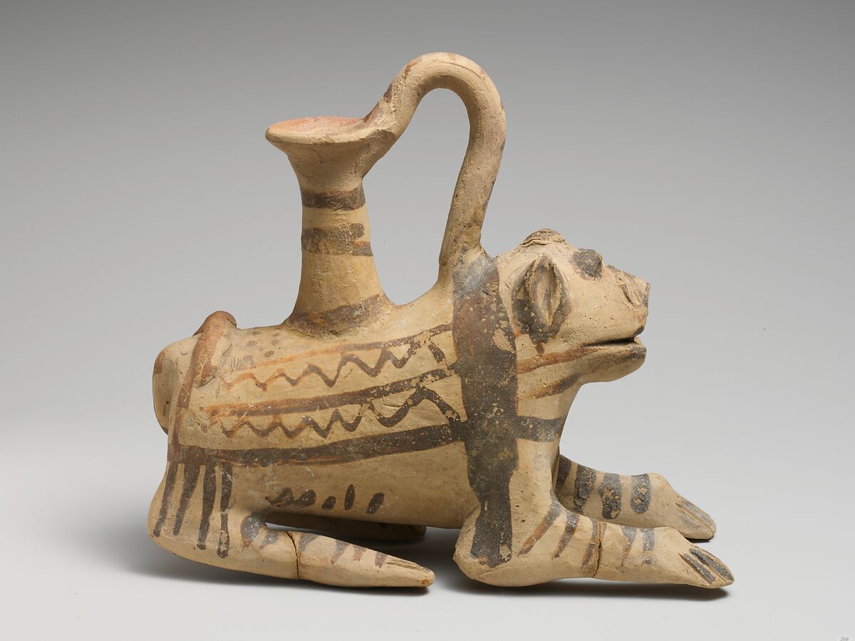 Terracotta askos (vessel) in the form of a lion, Terracotta, Cypriot 