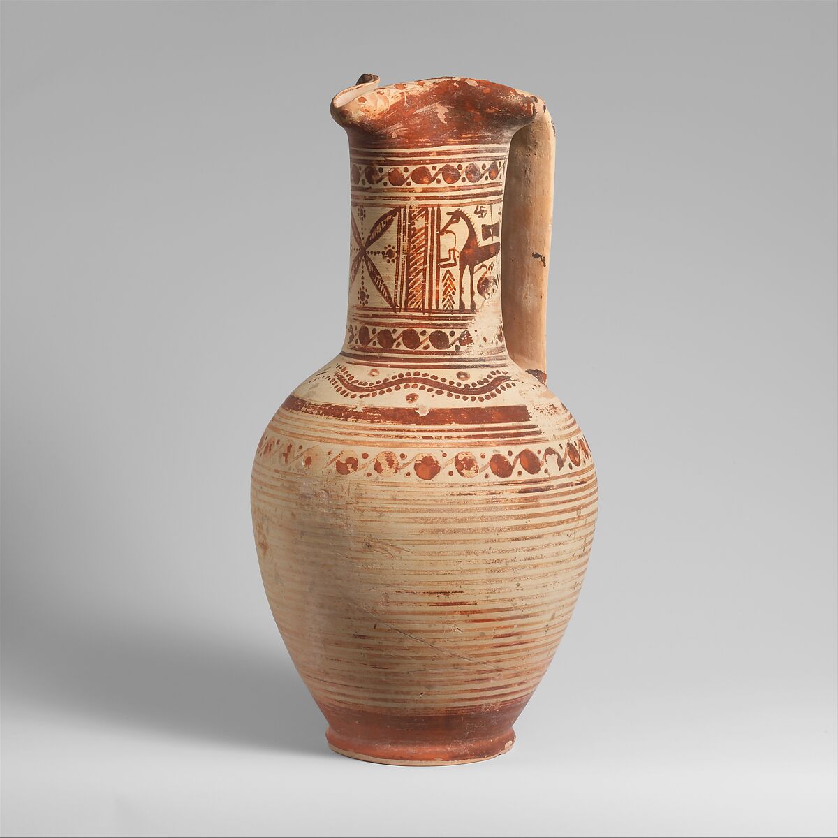 Terracotta oinochoe (jug), Attributed to the Cesnola Painter, Terracotta, Greek, Euboean 