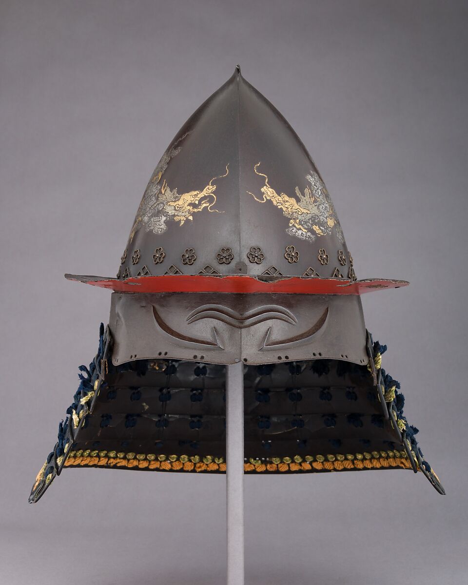 Helmet, Iron, lacquer, textile, silver, gold, Japanese