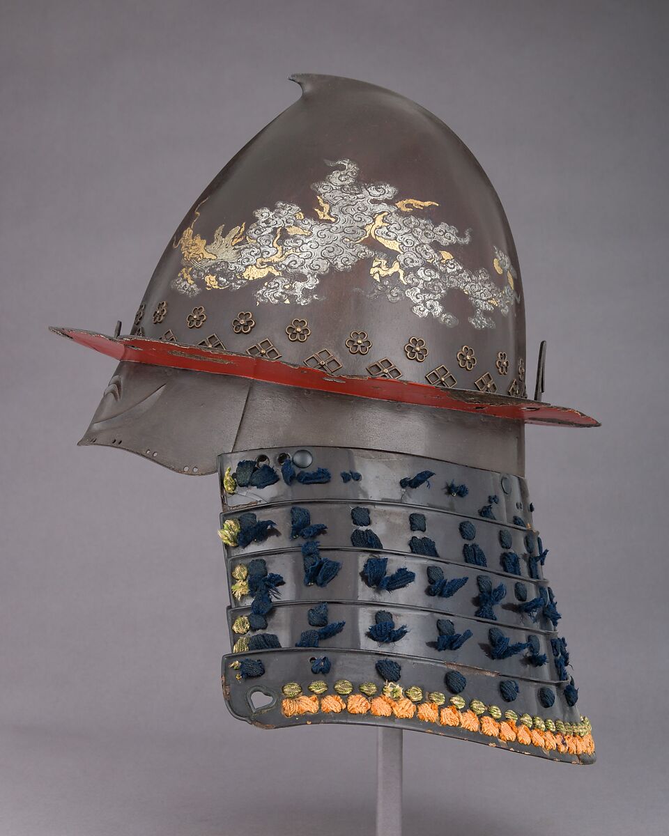 Helmet, Iron, lacquer, textile, silver, gold, Japanese
