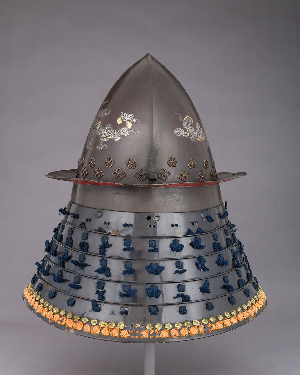 Helmet, Iron, lacquer, textile, silver, gold, Japanese