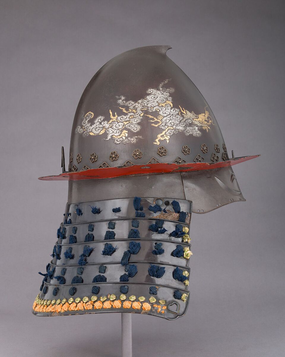 Helmet, Iron, lacquer, textile, silver, gold, Japanese