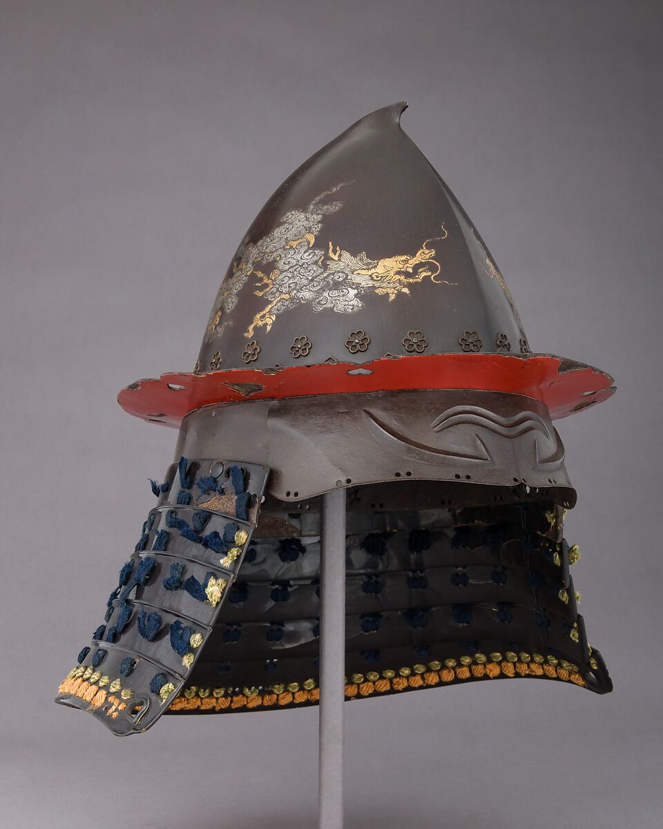 Helmet, Iron, lacquer, textile, silver, gold, Japanese 