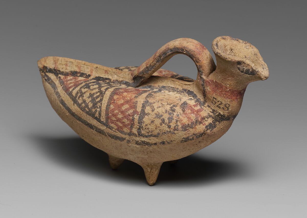 Terracotta askos (flask with a spout and handle over the top) in the form of a bird, Terracotta, Cypriot 
