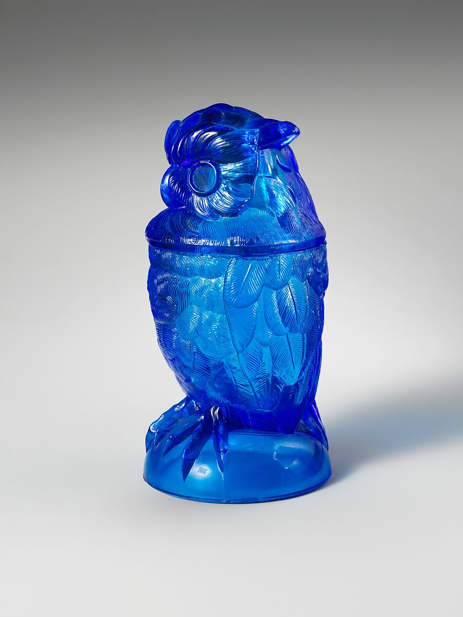 Covered Owl Jar, Atterbury and Company (ca. 1867–1893), Pressed blue glass, American 