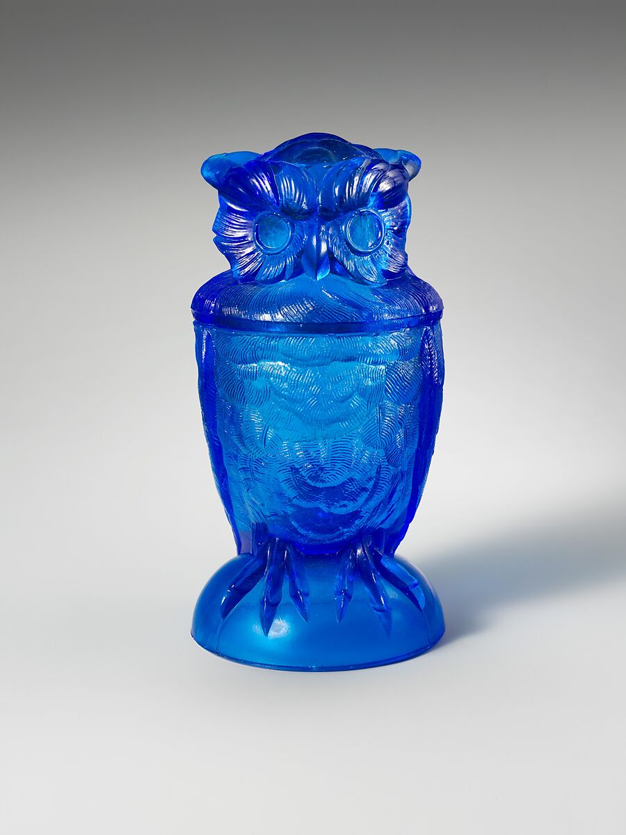 Covered Owl Jar, Atterbury and Company (ca. 1867–1893), Pressed blue glass, American