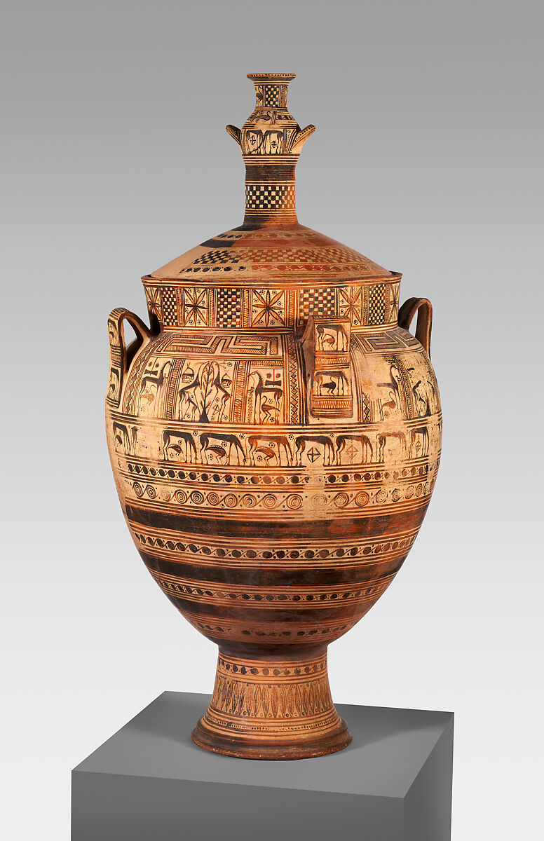 Terracotta krater with lid surmounted by a small hydria, Attributed to the Cesnola Painter, Terracotta, Greek, Euboean