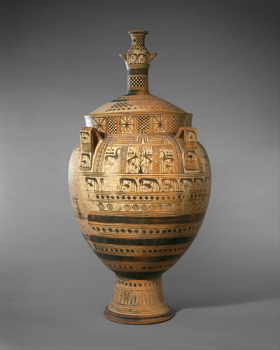 Terracotta krater with lid surmounted by a small hydria, Cesnola Painter, Terracotta, Greek, Euboean