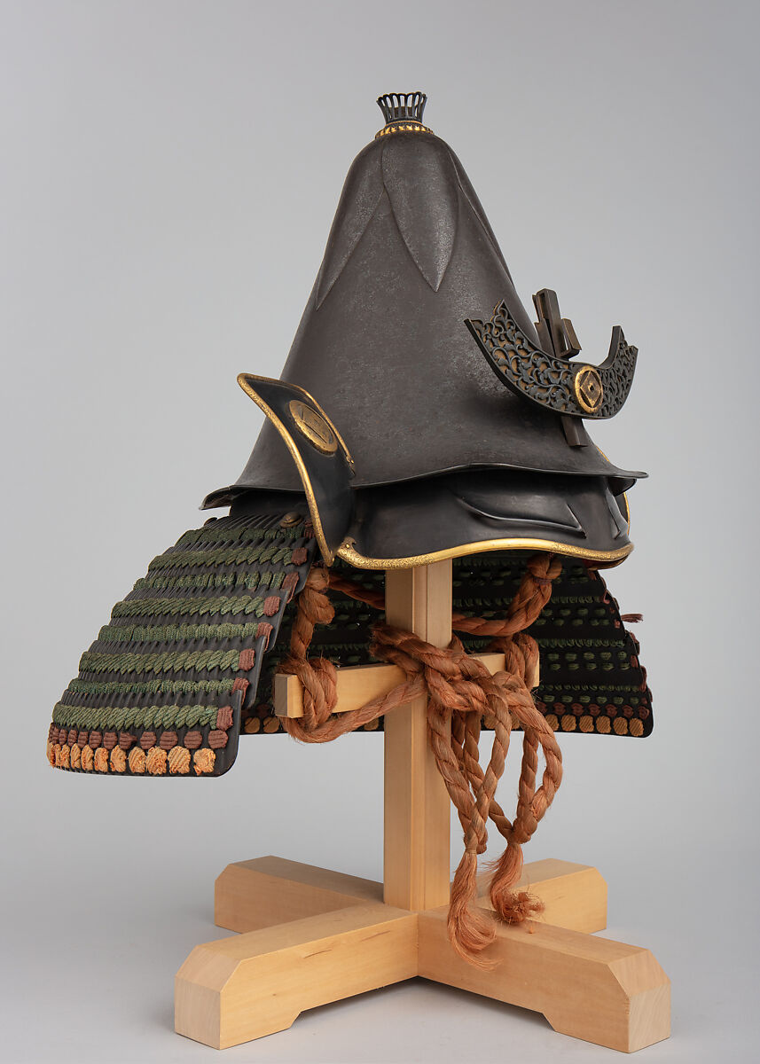 Helmet in the Shape of an Eggplant, Inscribed by Saotome Ietada (Japanese, Edo period, active early–mid-19th century), Iron, lacquer, copper, gold, copper-gold alloy (shakudō), silk, Japanese