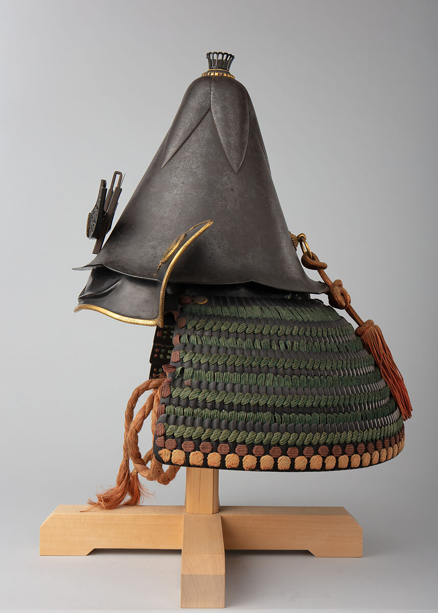 Helmet in the Shape of an Eggplant, Inscribed by Saotome Ietada (Japanese, Edo period, active early–mid-19th century), Iron, lacquer, copper, gold, copper-gold alloy (shakudō), silk, Japanese