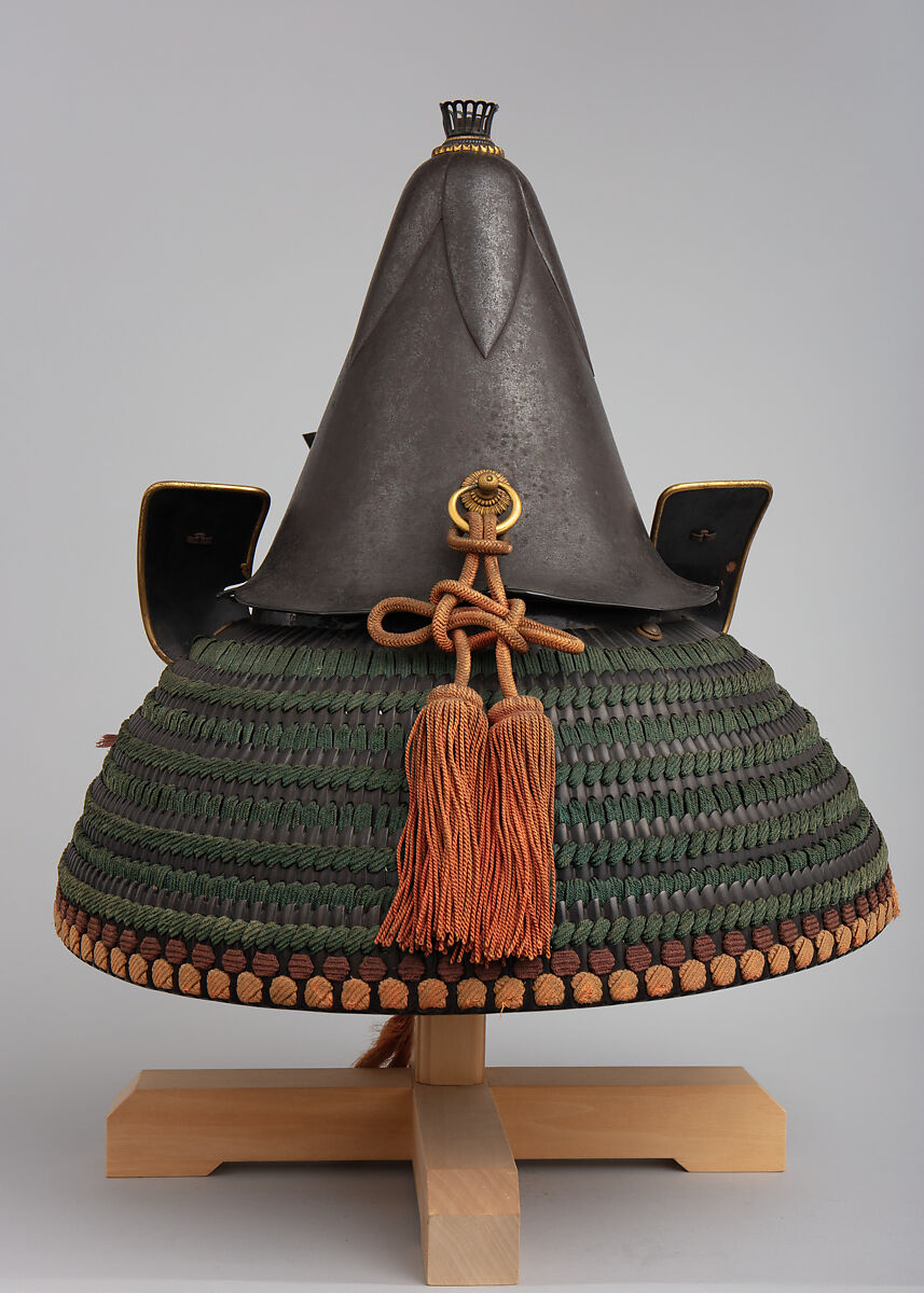 Helmet in the Shape of an Eggplant, Inscribed by Saotome Ietada (Japanese, Edo period, active early–mid-19th century), Iron, lacquer, copper, gold, copper-gold alloy (shakudō), silk, Japanese