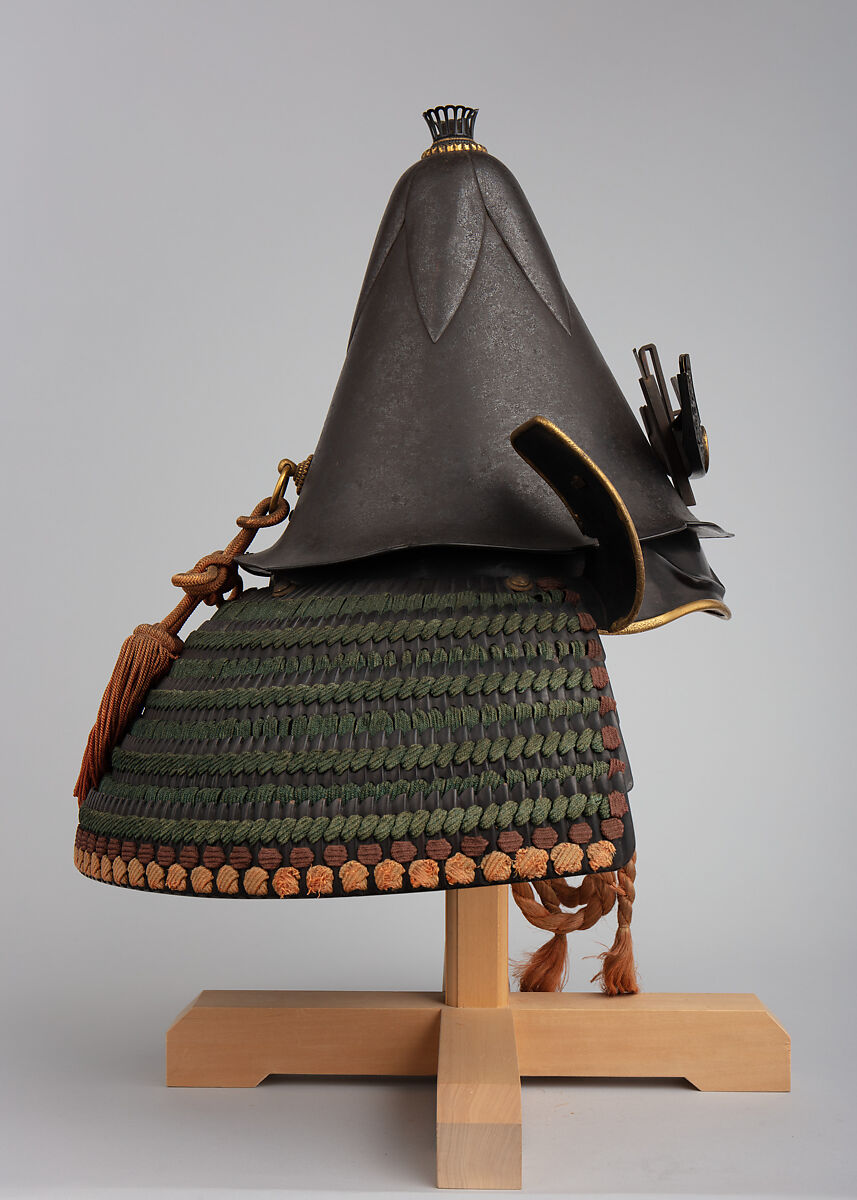 Helmet in the Shape of an Eggplant, Inscribed by Saotome Ietada (Japanese, Edo period, active early–mid-19th century), Iron, lacquer, copper, gold, copper-gold alloy (shakudō), silk, Japanese