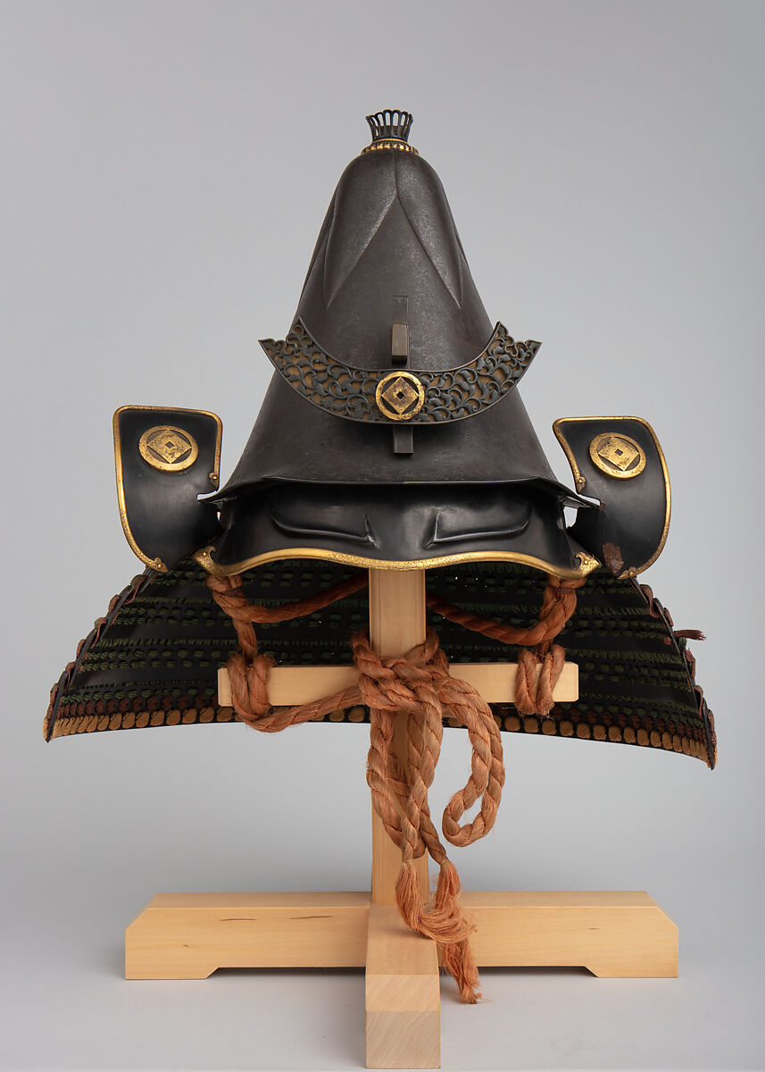 Helmet in the Shape of an Eggplant, Inscribed by Saotome Ietada (Japanese, Edo period, active early–mid-19th century), Iron, lacquer, copper, gold, copper-gold alloy (shakudō), silk, Japanese 