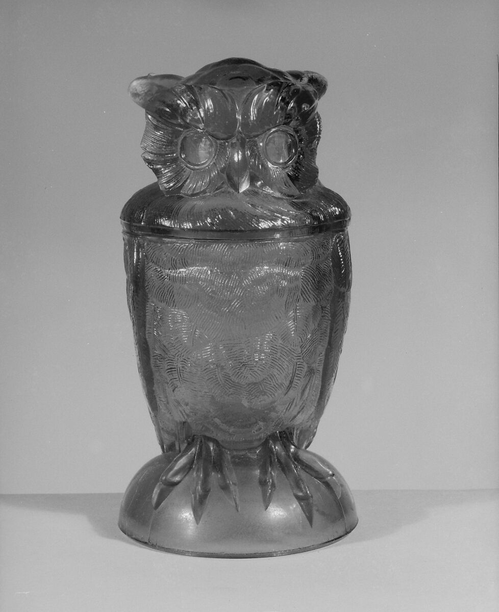 Covered Owl Jar, Atterbury and Company (ca. 1867–1893), Pressed blue glass, American 