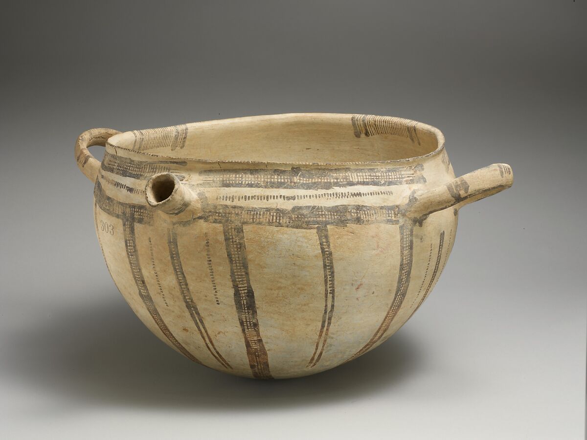 Terracotta two-handled bowl with spout, Terracotta, Cypriot 