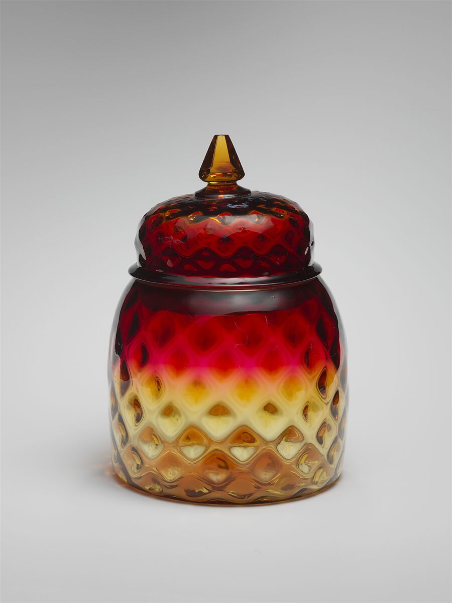 Covered jar, New England Glass Company (American, East Cambridge, Massachusetts, 1818–1888), Blown Amberina glass, American 