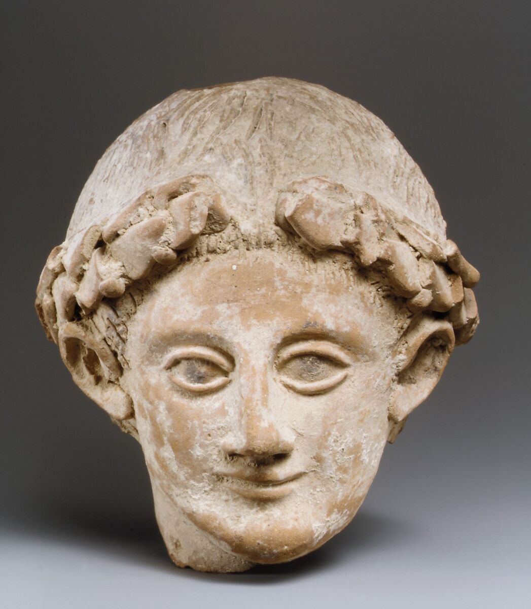 Terracotta head of a wreathed youth, Terracotta, Cypriot 