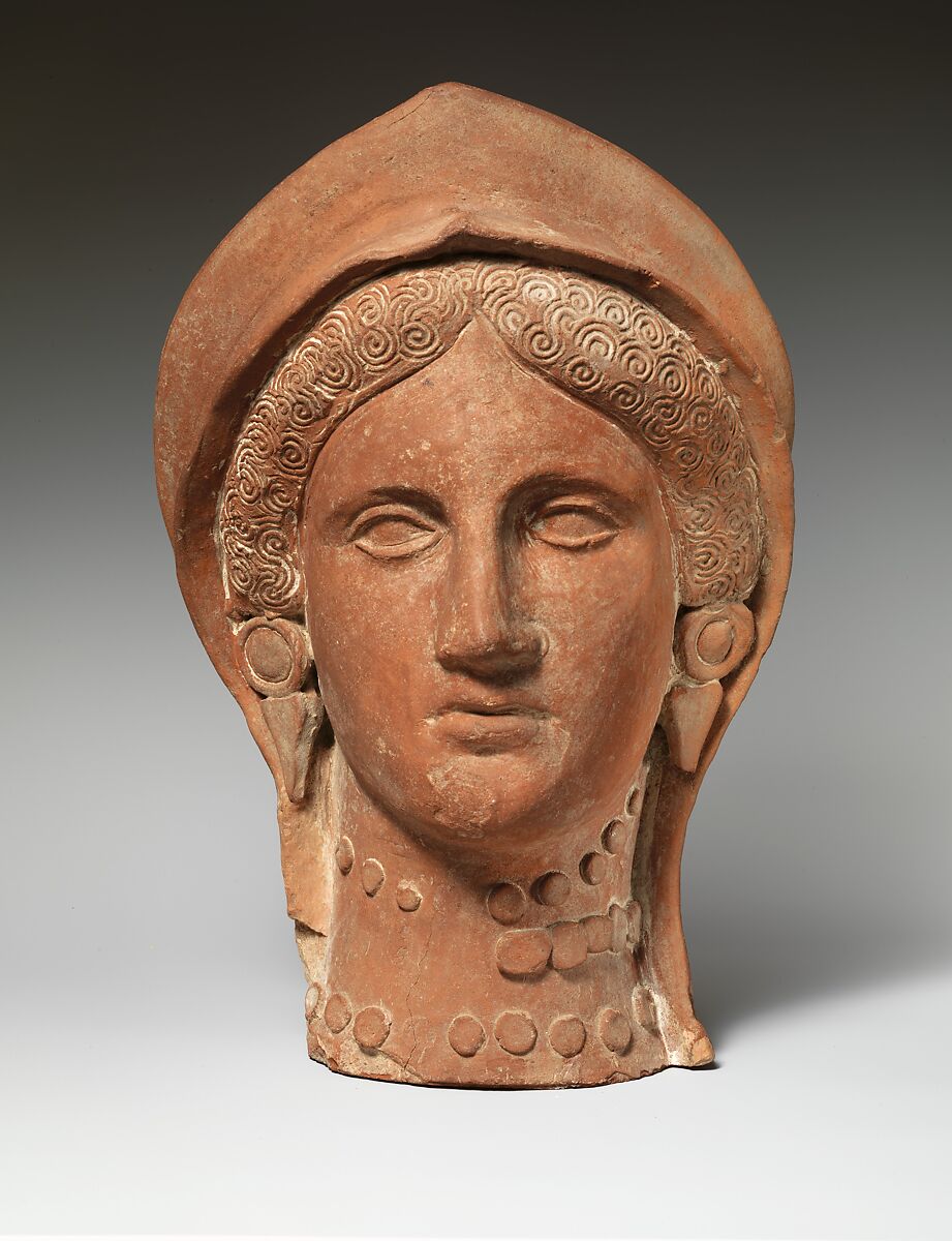 Terracotta head of a woman wearing a stephane, Terracotta, Cypriot 