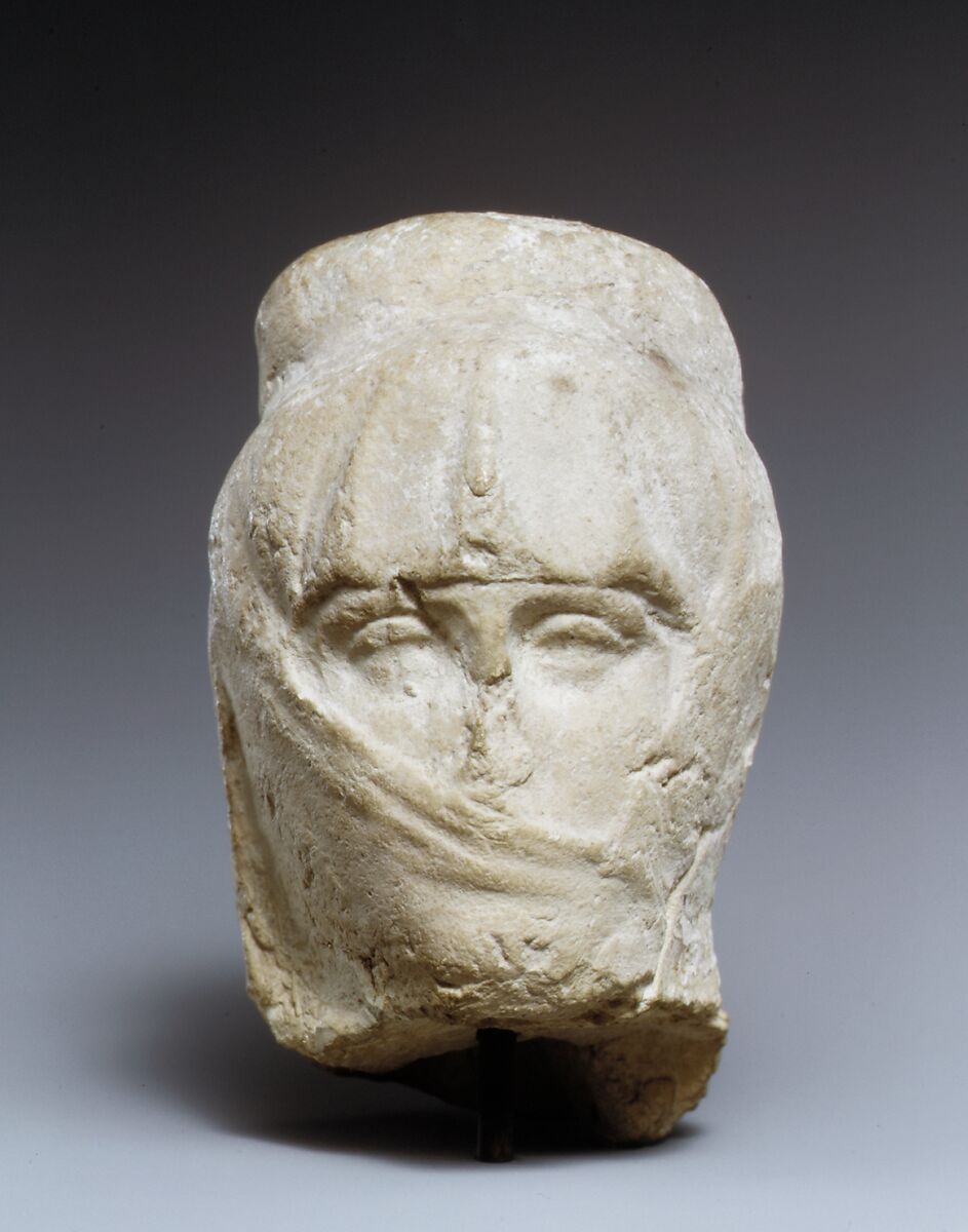 Terracotta head of a woman with a veil, Terracotta, Cypriot 