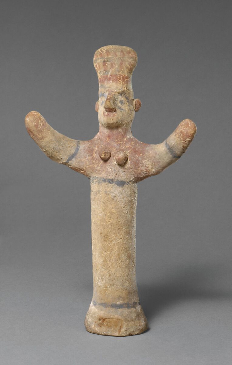 Standing female figurine of the "goddess with uplifted arms" type, Terracotta, Cypriot 