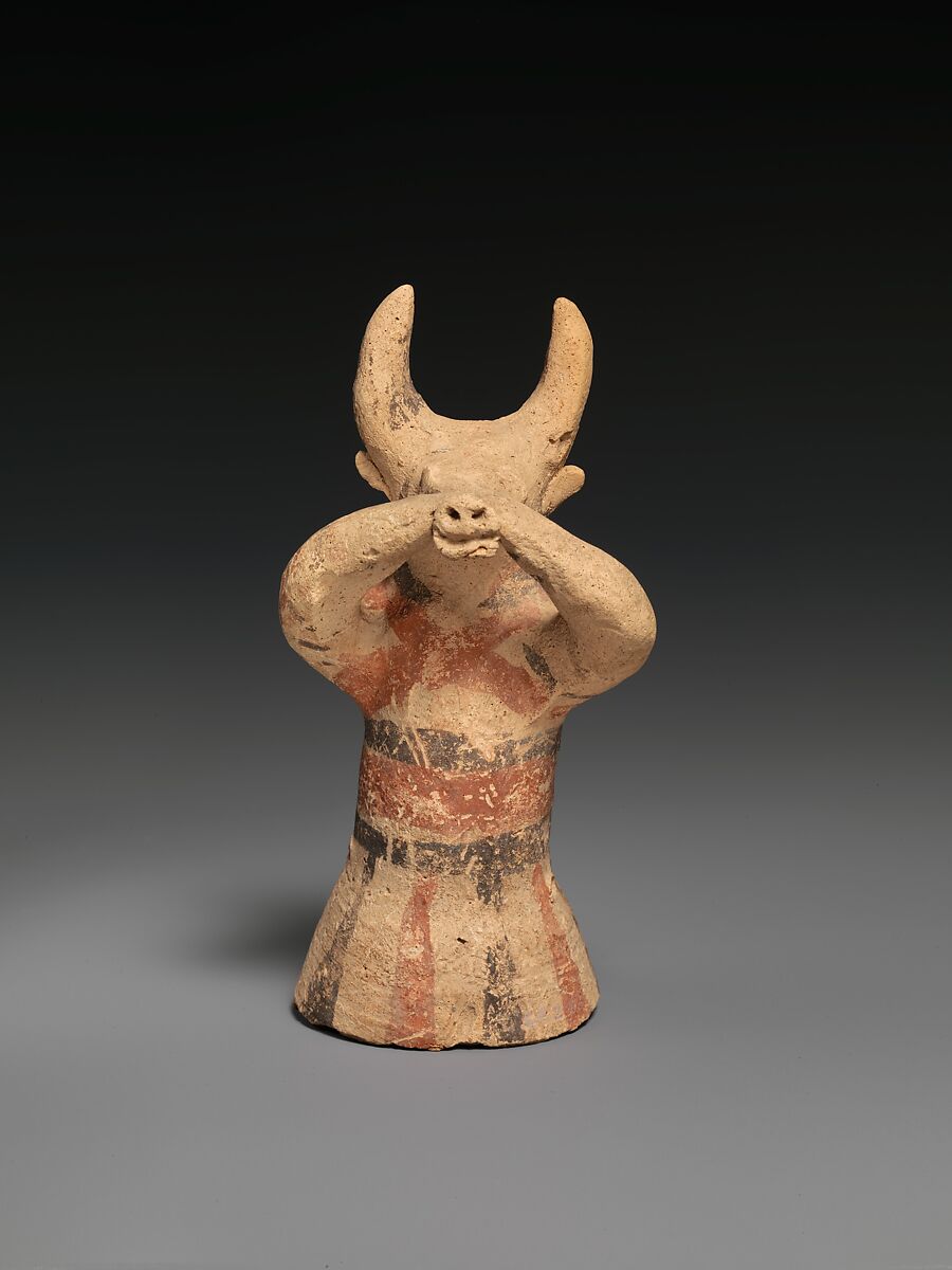 Terracotta figure wearing a bull mask, Terracotta, Cypriot 