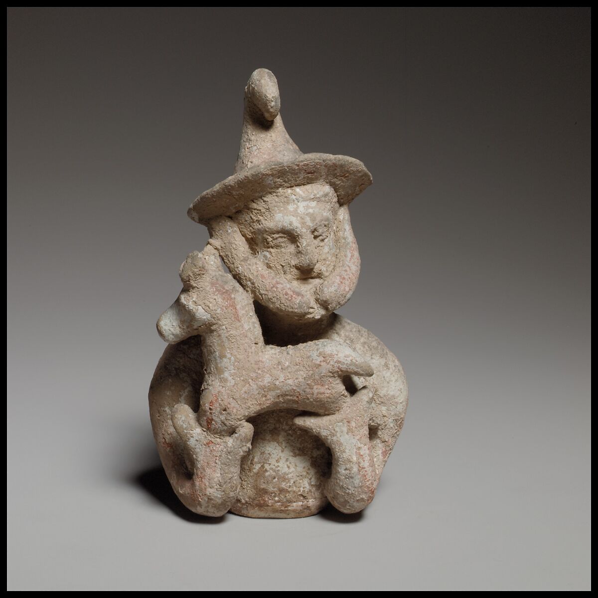 Terracotta statuette of a male votary offering a kid, Terracotta, Cypriot 