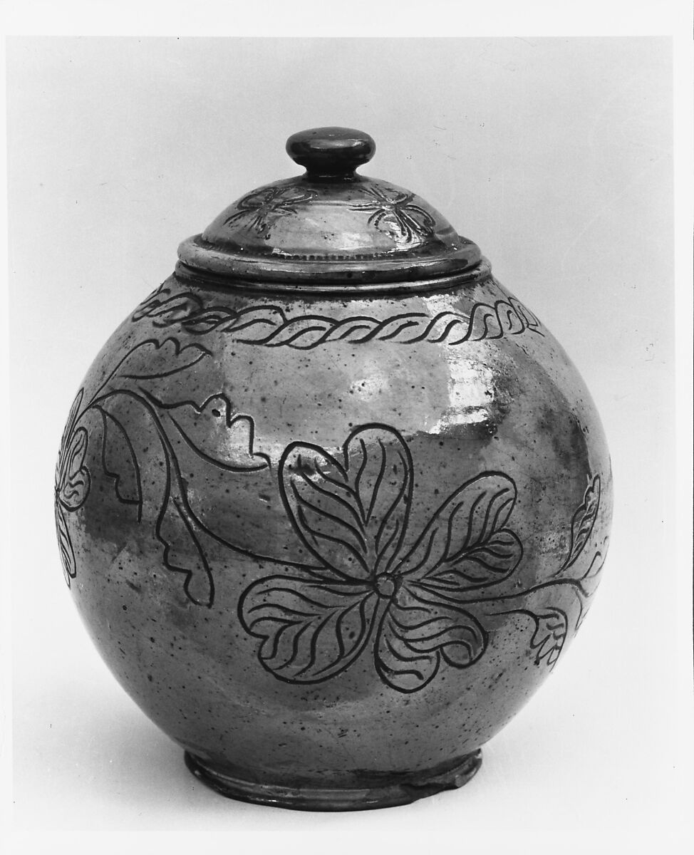 Covered jar, Attributed to Jacob Scholl (1781–1851), Earthenware; Redware with sgraffito decoration, American