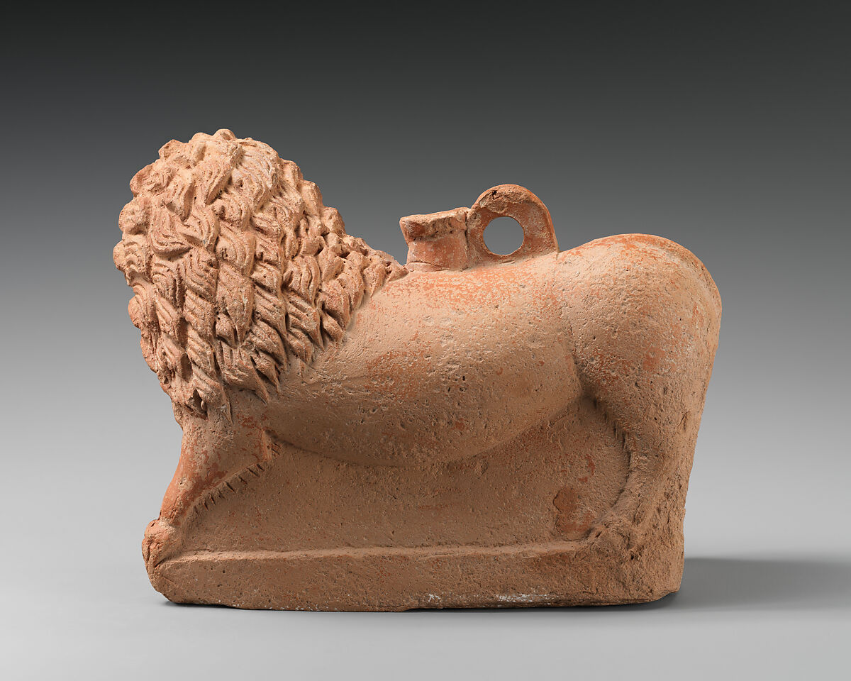 Terracotta vase in the form of a lion, Terracotta, Roman