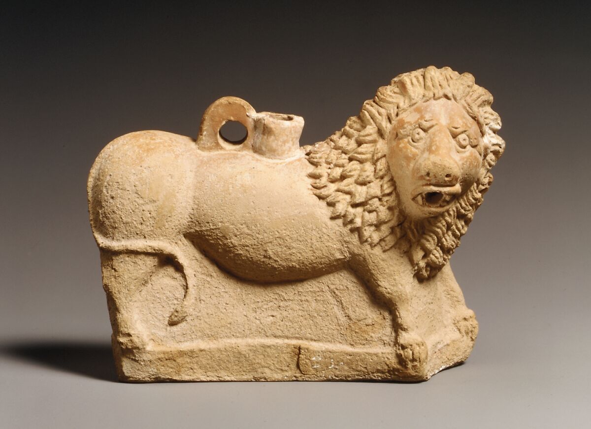 Terracotta vase in the form of a lion, Terracotta, Roman 