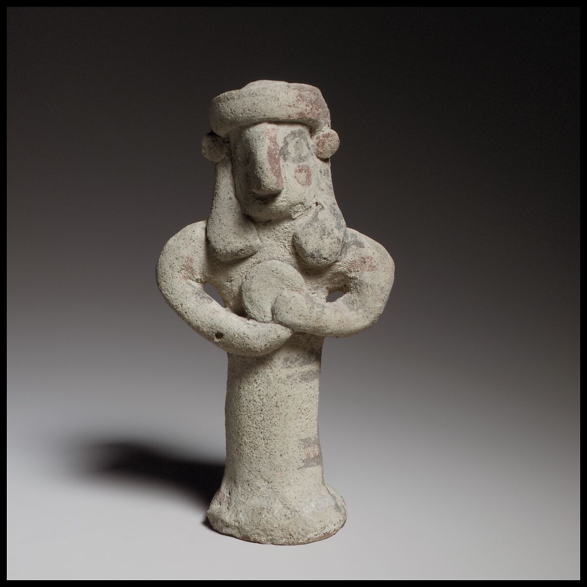 Standing figure holding a tambourine(?), Terracotta, Cypriot 