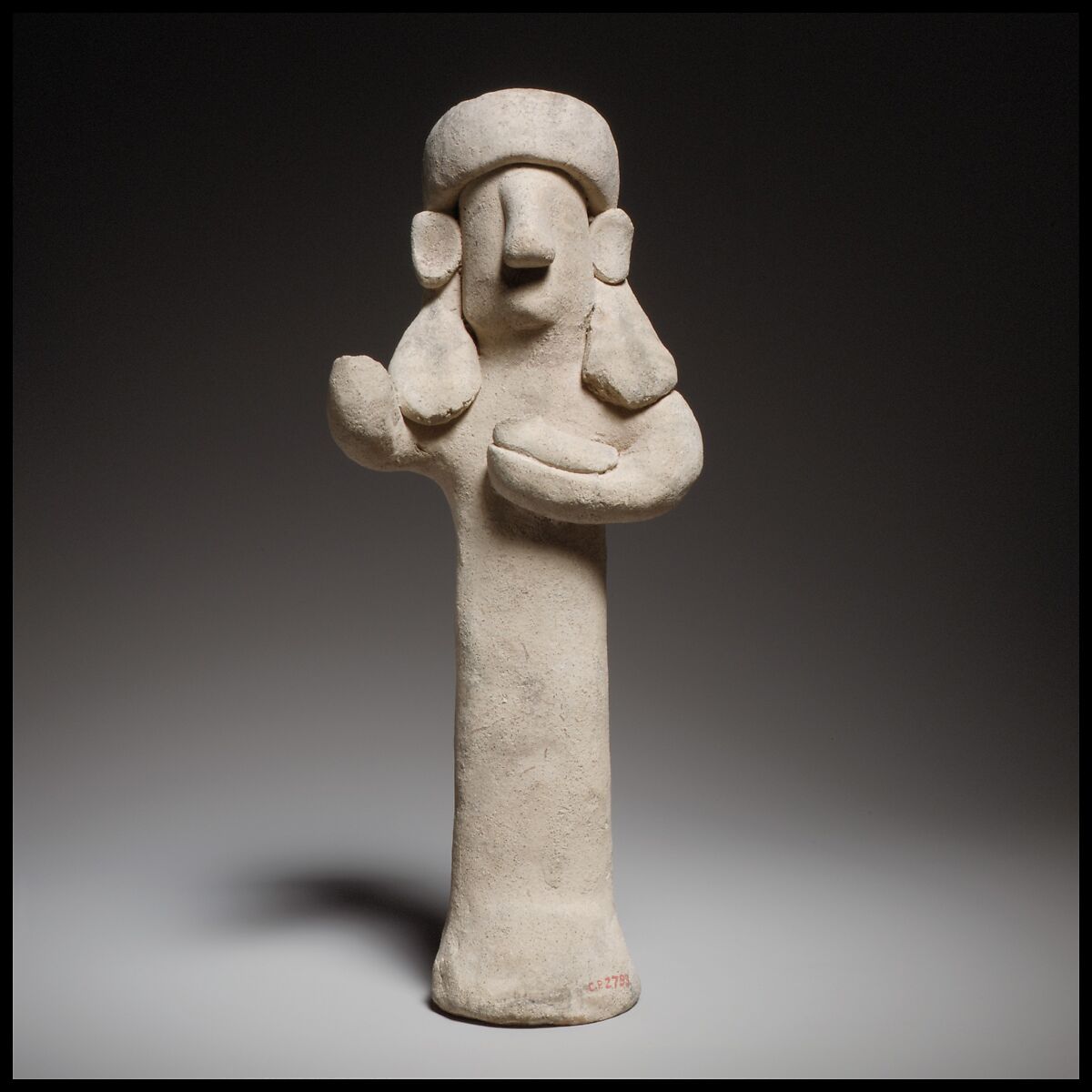 Standing male(?) figurine holding a bird, Terracotta, Cypriot 
