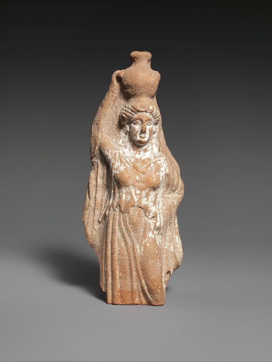 Terracotta statuette of a female votary carrying a hydria, Terracotta, Cypriot 