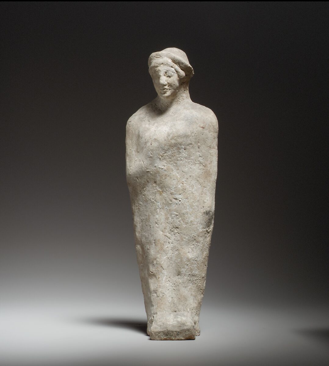 Standing female figurine, Terracotta, Greek, Rhodian ? 