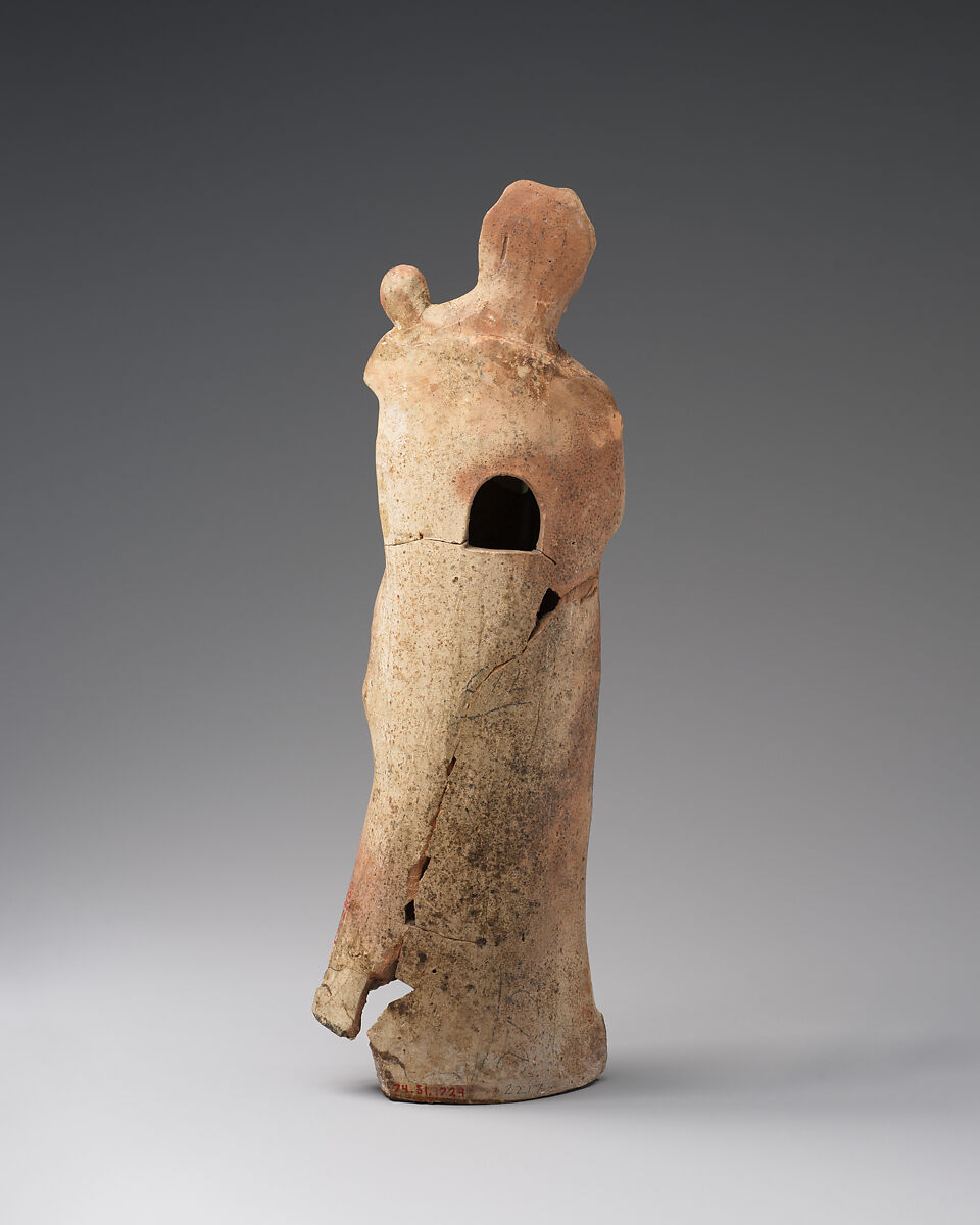 Terracotta statuette of a woman holding a baby, Terracotta, Greek, Asia Minor, Myrina (?)