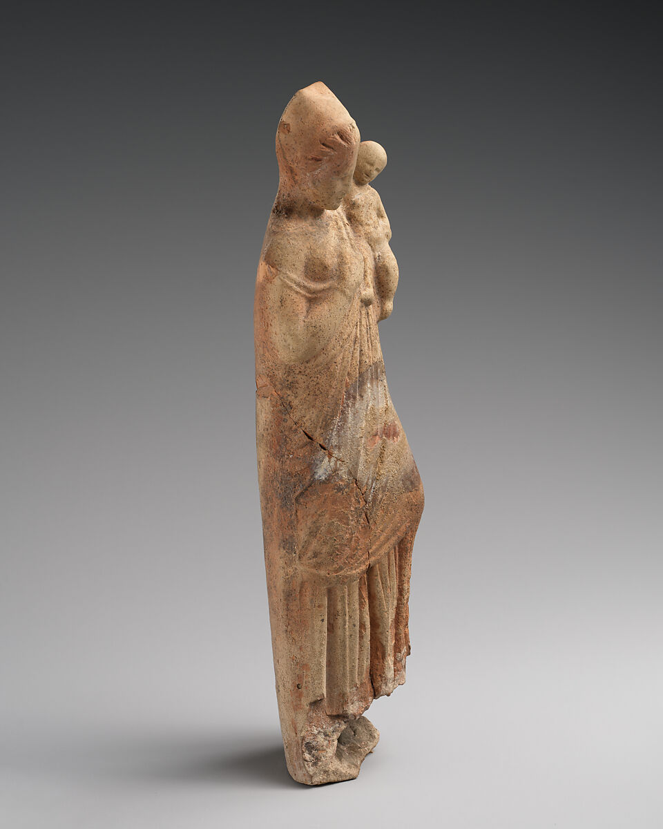 Terracotta statuette of a woman holding a baby, Terracotta, Greek, Asia Minor, Myrina (?)