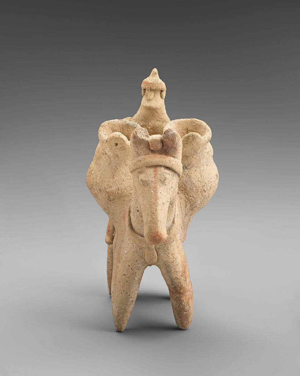 Terracotta statuette of a man riding a donkey, Terracotta, Cypriot