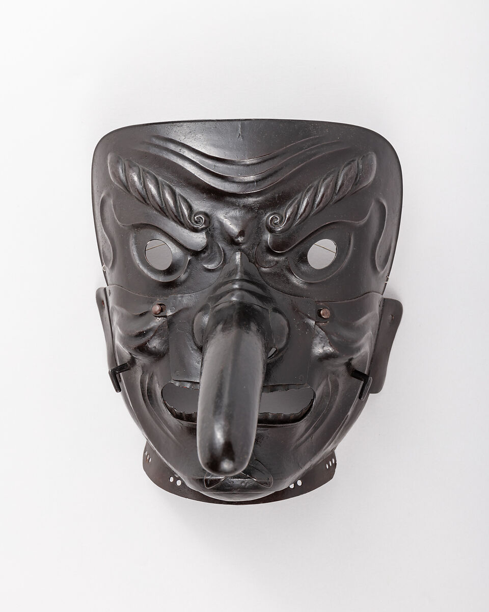 Mask in the Shape of a Mountain Demon's Face, Iron, lacquer, textile (silk), Japanese 